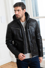 Slim black lambskin jacket with a zip-off wool hood for urban edge. - Image n°3
