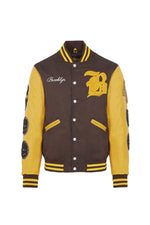Brown and yellow wool and leather varsity jacket - Image n°3
