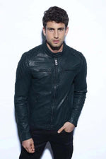 Quilted lambskin jacket in ocean blue. Biker-inspired, mid-season. - Image n°1