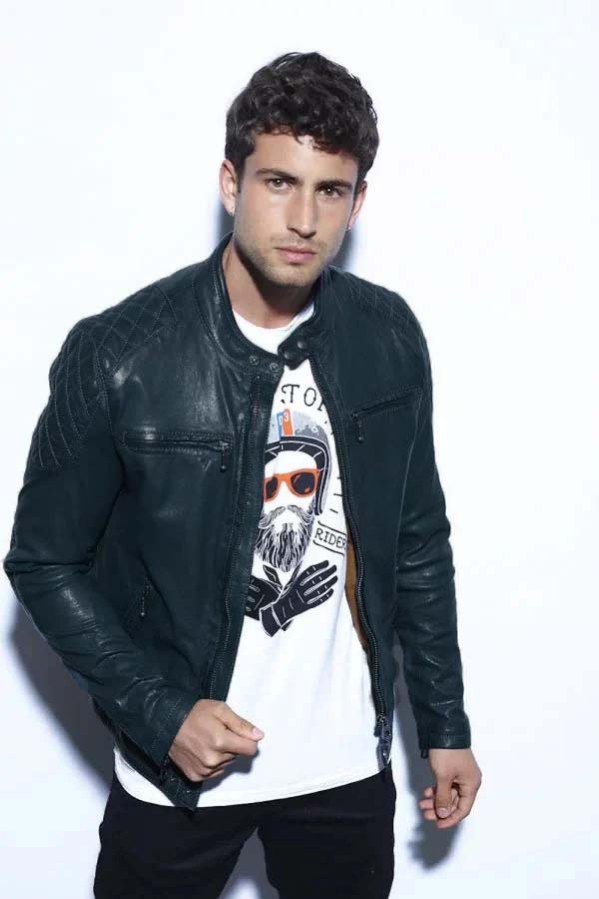 Quilted lambskin jacket in ocean blue. Biker-inspired, mid-season. - Image n°5