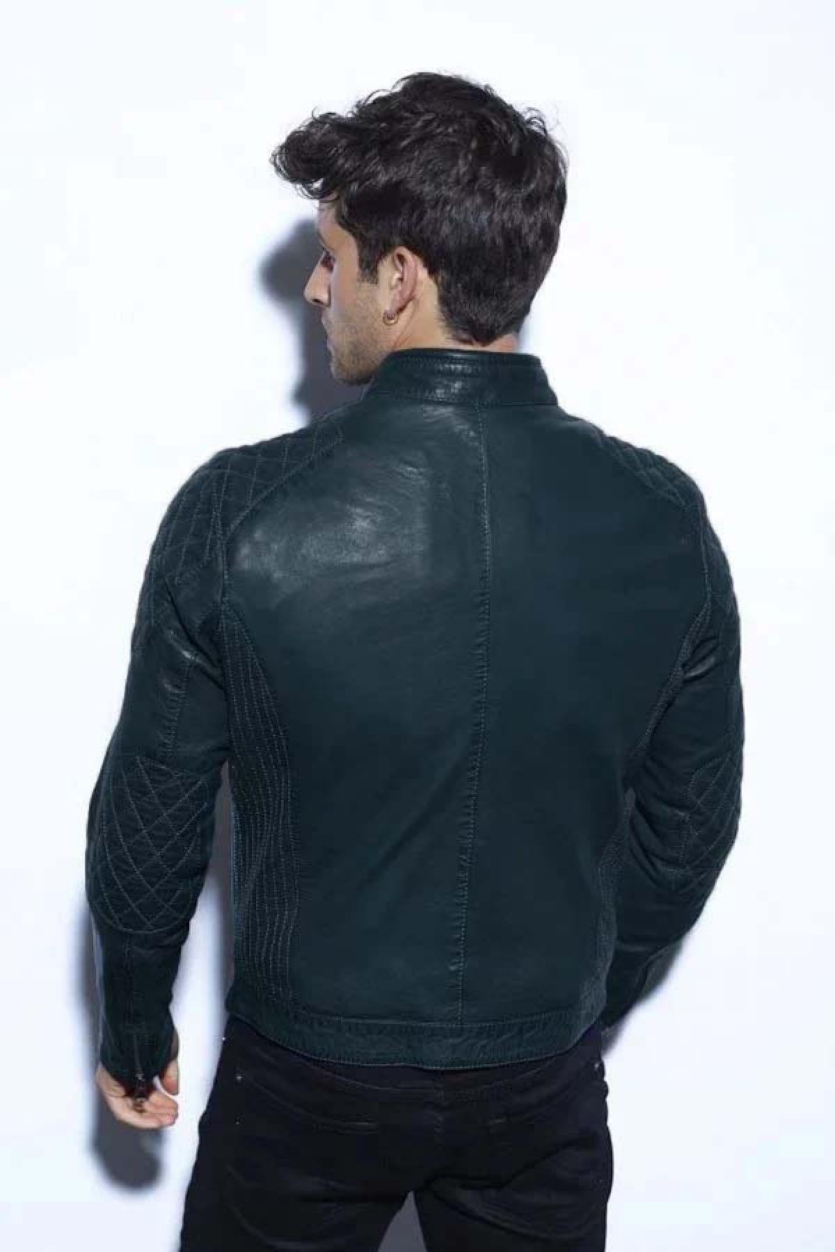 Quilted lambskin jacket in ocean blue. Biker-inspired, mid-season. - Image n°4