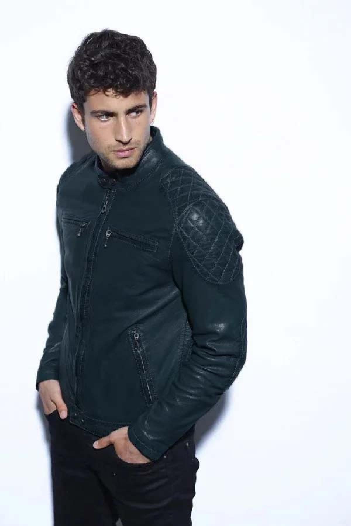 Quilted lambskin jacket in ocean blue. Biker-inspired, mid-season. - Image n°3