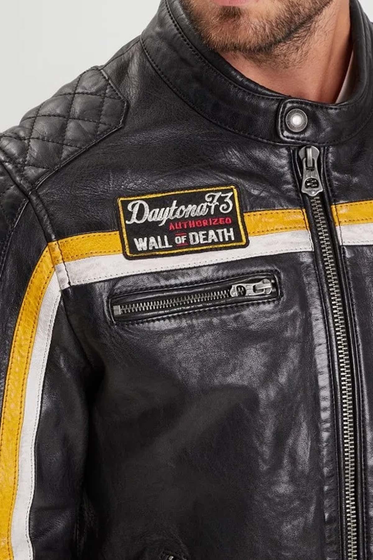 Lambskin biker jacket with bold yellow stripes and matte shoulders. - Image n°2