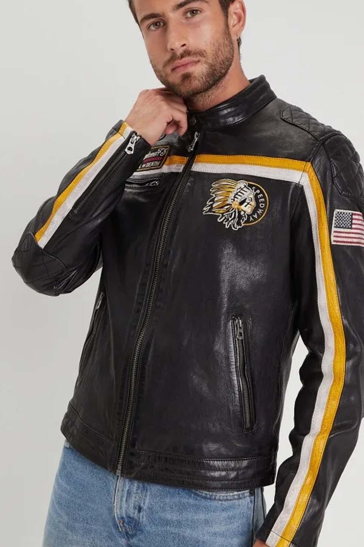 Lambskin biker jacket with bold yellow stripes and matte shoulders. - Image n°1