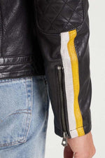 Lambskin biker jacket with bold yellow stripes and matte shoulders. - Image n°5
