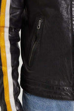 Lambskin biker jacket with bold yellow stripes and matte shoulders. - Image n°6