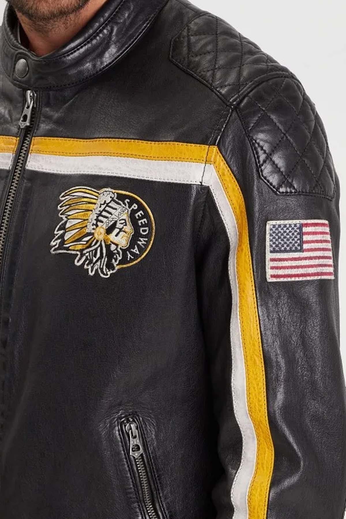 Lambskin biker jacket with bold yellow stripes and matte shoulders. - Image n°3