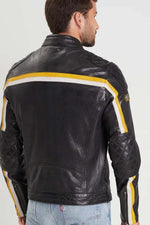 Lambskin biker jacket with bold yellow stripes and matte shoulders. - Image n°4