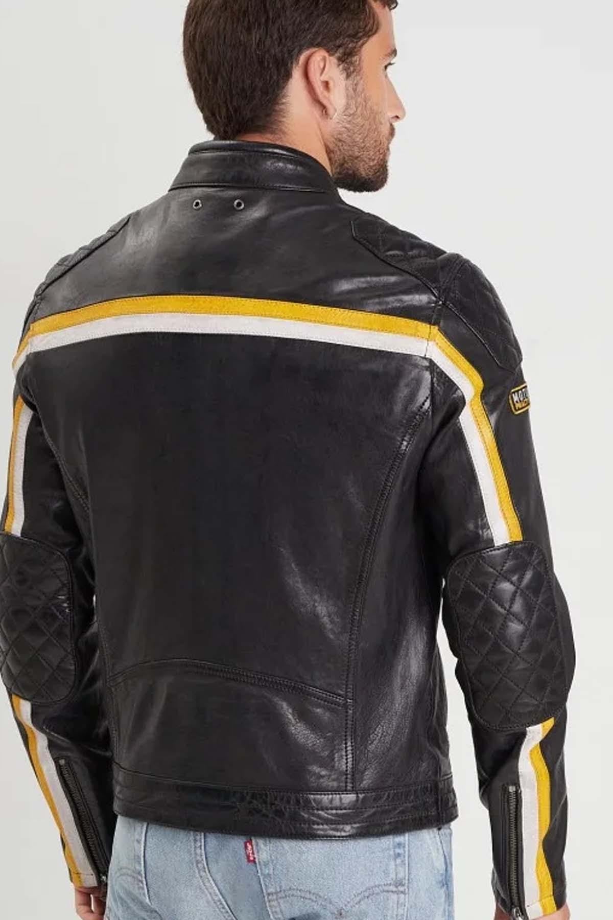Lambskin biker jacket with bold yellow stripes and matte shoulders. - Image n°4