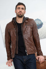 Moto-style sheep leather jacket with washed finish and removable hood. - Image n°1