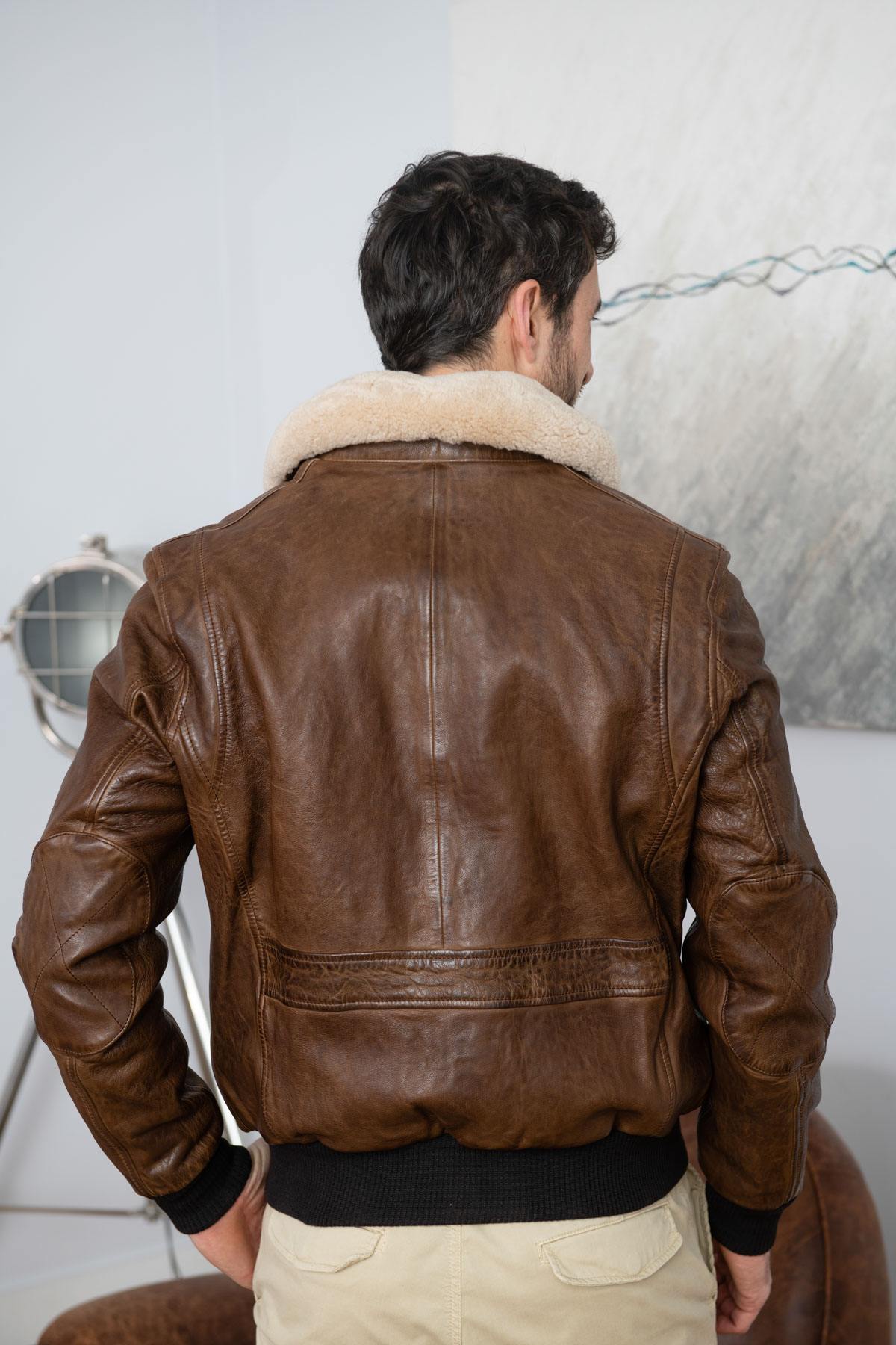 Petrol bison sheepskin aviator jacket with removable shearling collar. - Image n°7