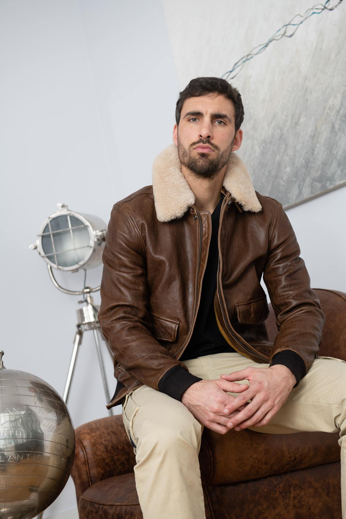 Petrol bison sheepskin aviator jacket with removable shearling collar. - Image n°1
