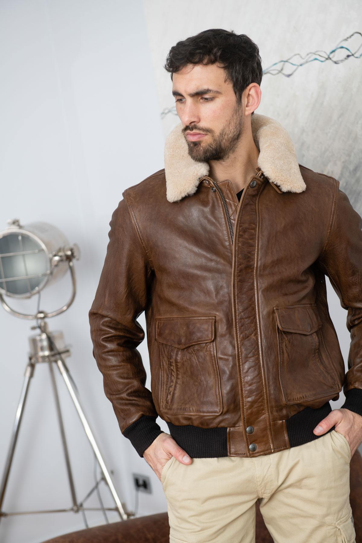Petrol bison sheepskin aviator jacket with removable shearling collar. - Image n°4