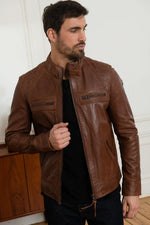 Rich cognac leather jacket, slim fit with quilted detailing for style. - Image n°4