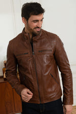 Rich cognac leather jacket, slim fit with quilted detailing for style. - Image n°5