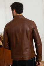 Rich cognac leather jacket, slim fit with quilted detailing for style. - Image n°8