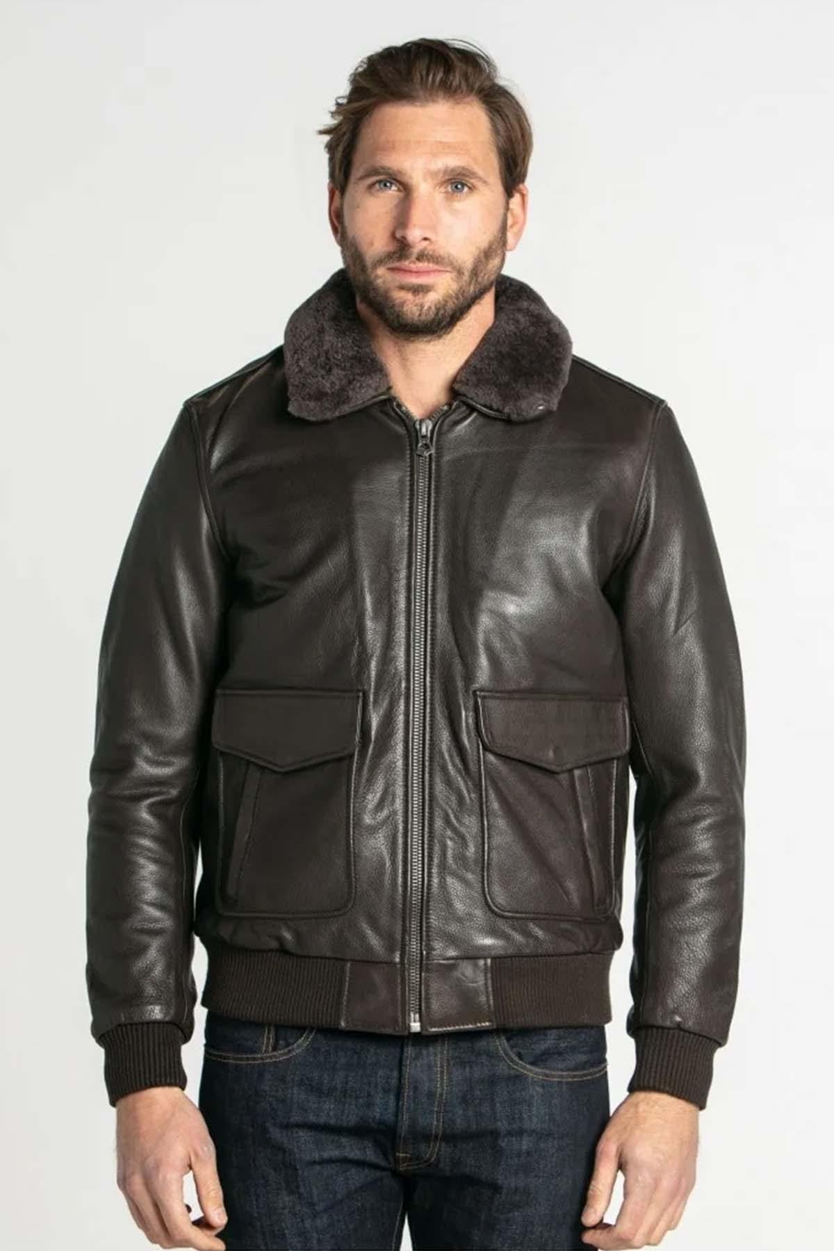 Brown air-milled cowhide aviator jacket with detachable fur collar. - Image n°3