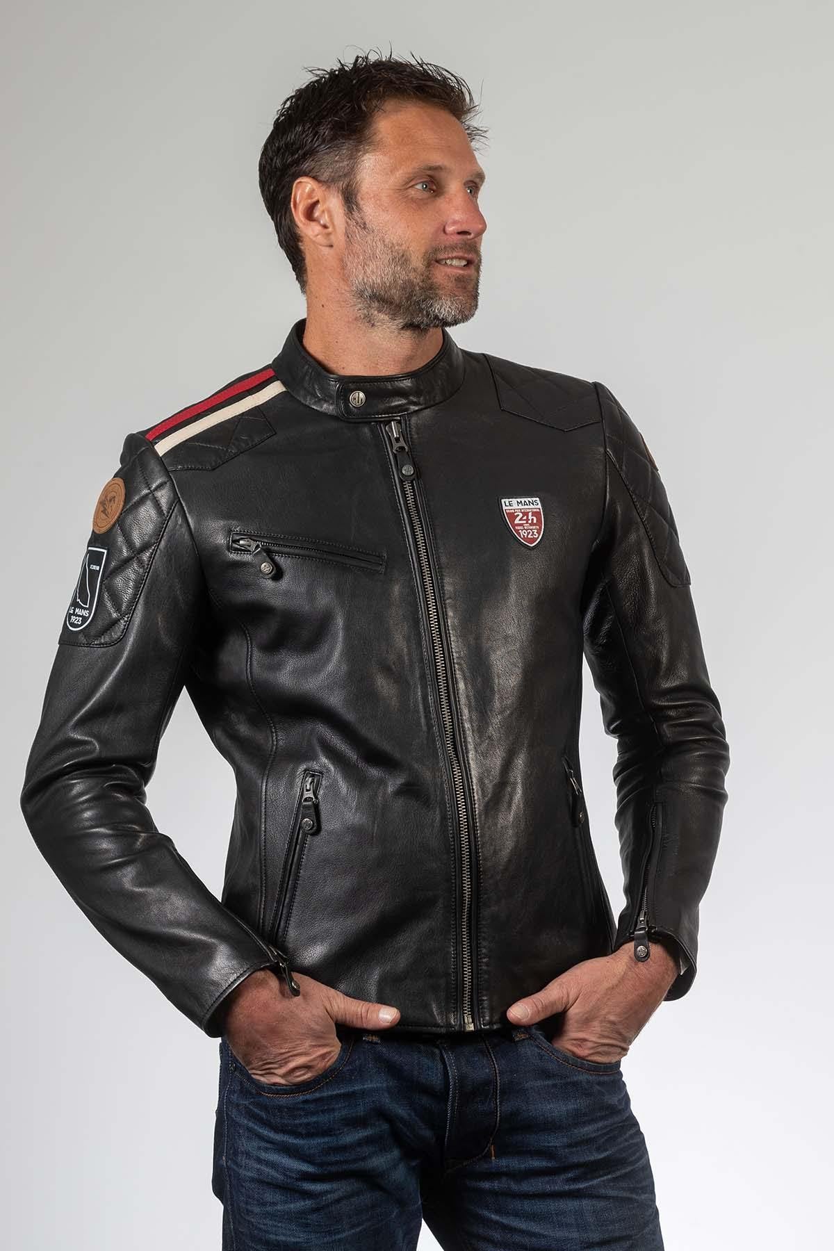 Le Mans-licensed black lambskin jacket. Biker style, regular fit. - Image n°1