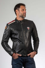 Le Mans-licensed black lambskin jacket. Biker style, regular fit. - Image n°1