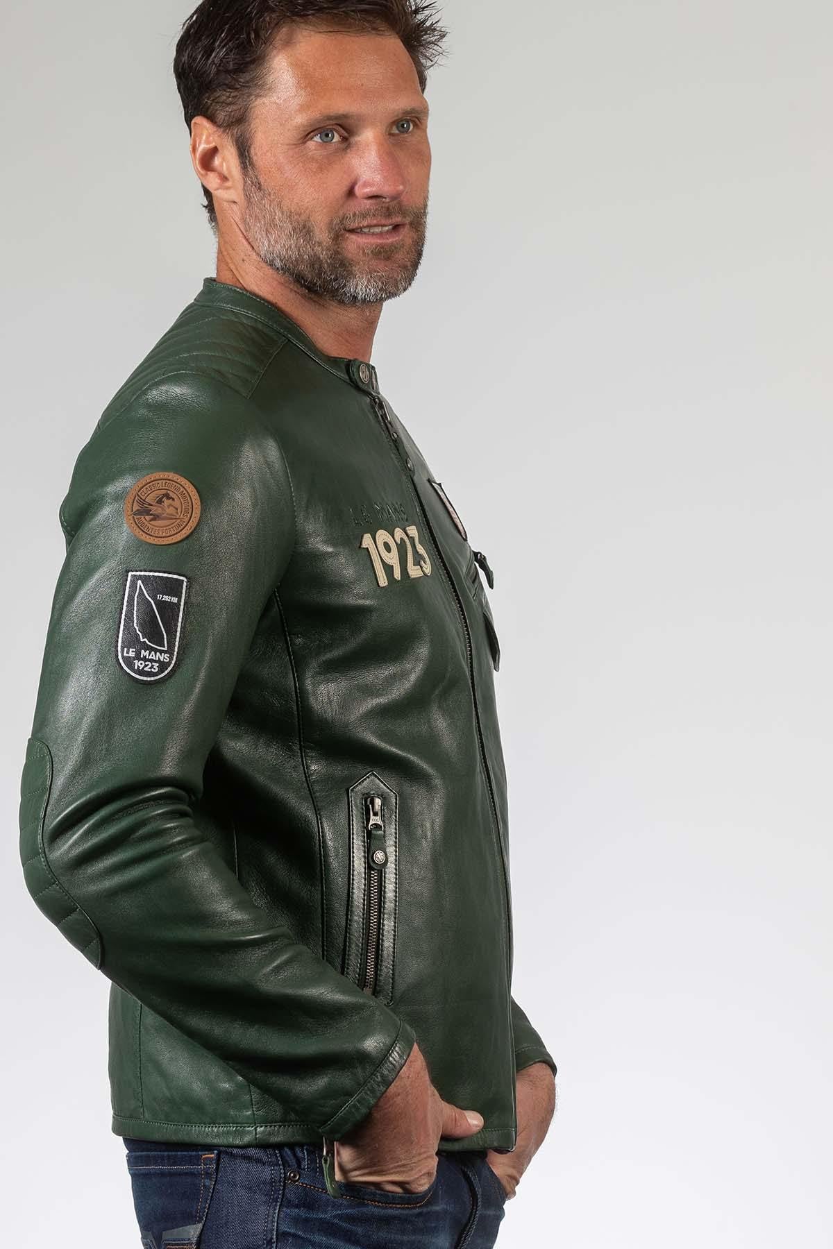 Deep green sheep leather jacket with moto collar and regular fit. - Image n°4