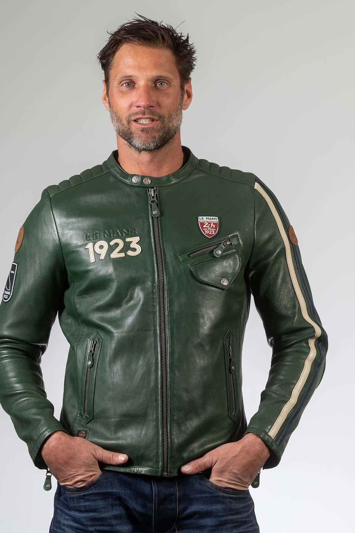 Deep green sheep leather jacket with moto collar and regular fit. - Image n°3