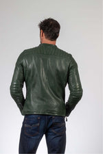 Deep green sheep leather jacket with moto collar and regular fit. - Image n°5