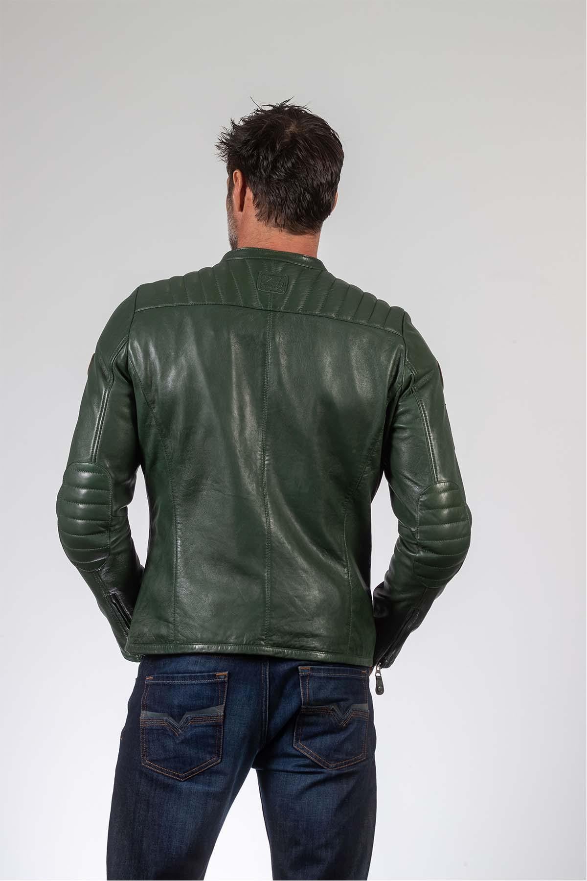 Deep green sheep leather jacket with moto collar and regular fit. - Image n°5