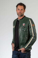 Deep green sheep leather jacket with moto collar and regular fit. - Image n°1