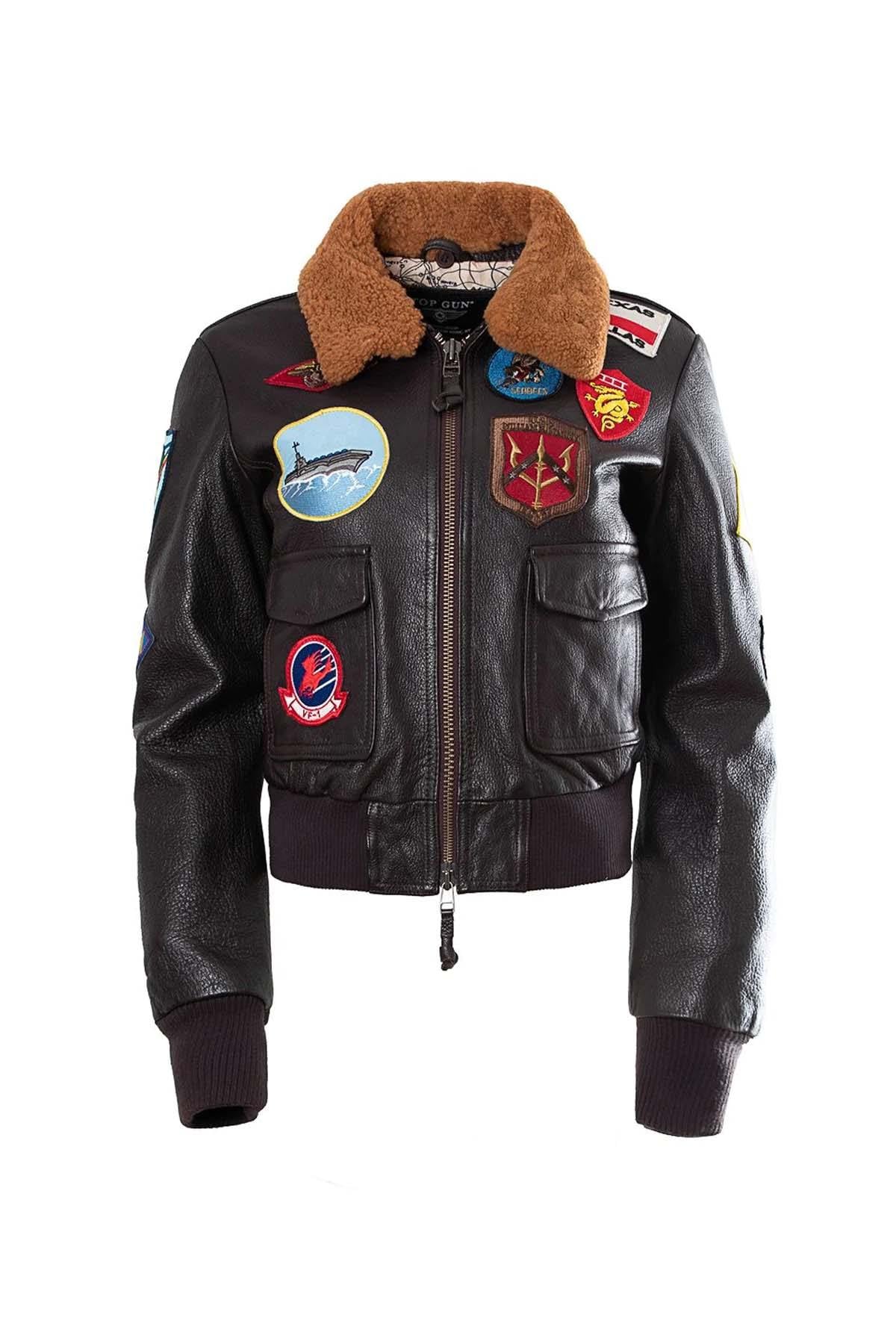 Slim maroon goatskin bomber with 17 patches and a detachable collar. - Image n°12