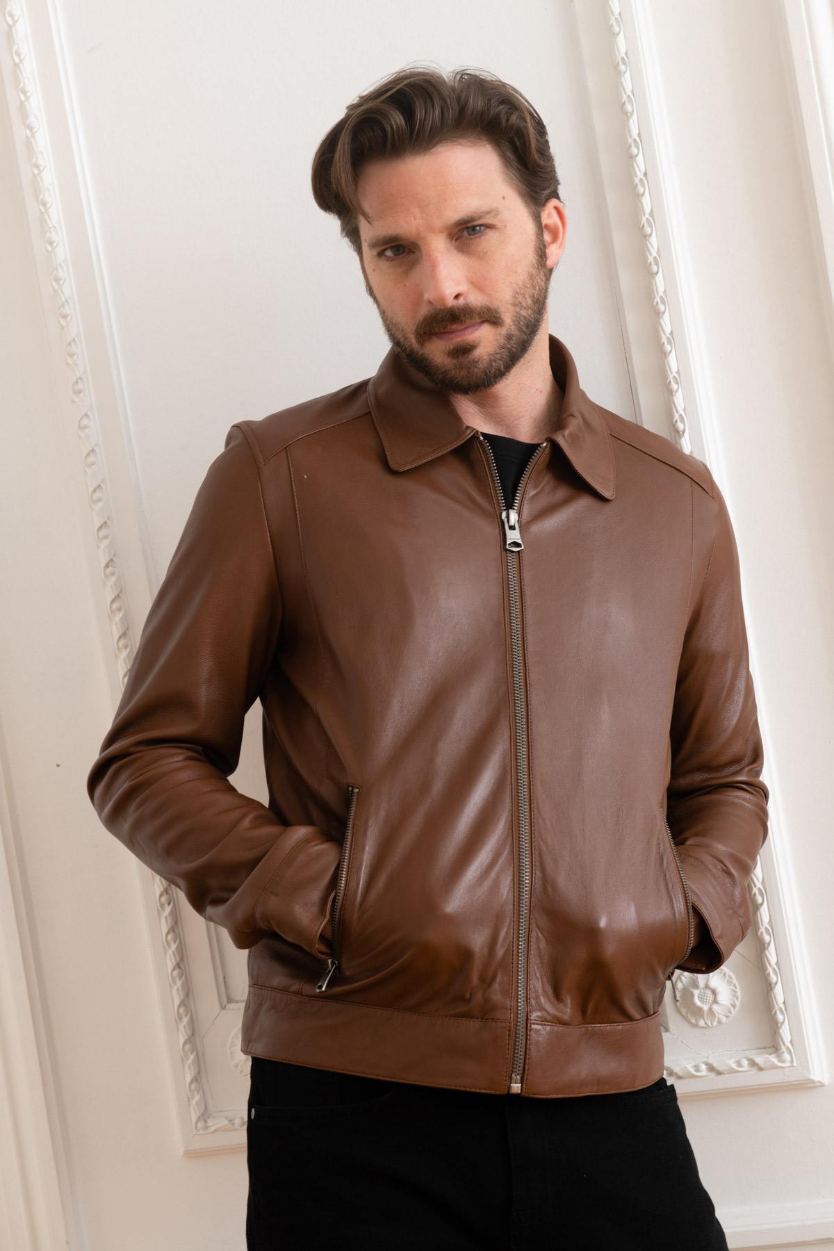 Soft tan sheep leather jacket with shirt collar. Regular fit, stylish. - Image n°3