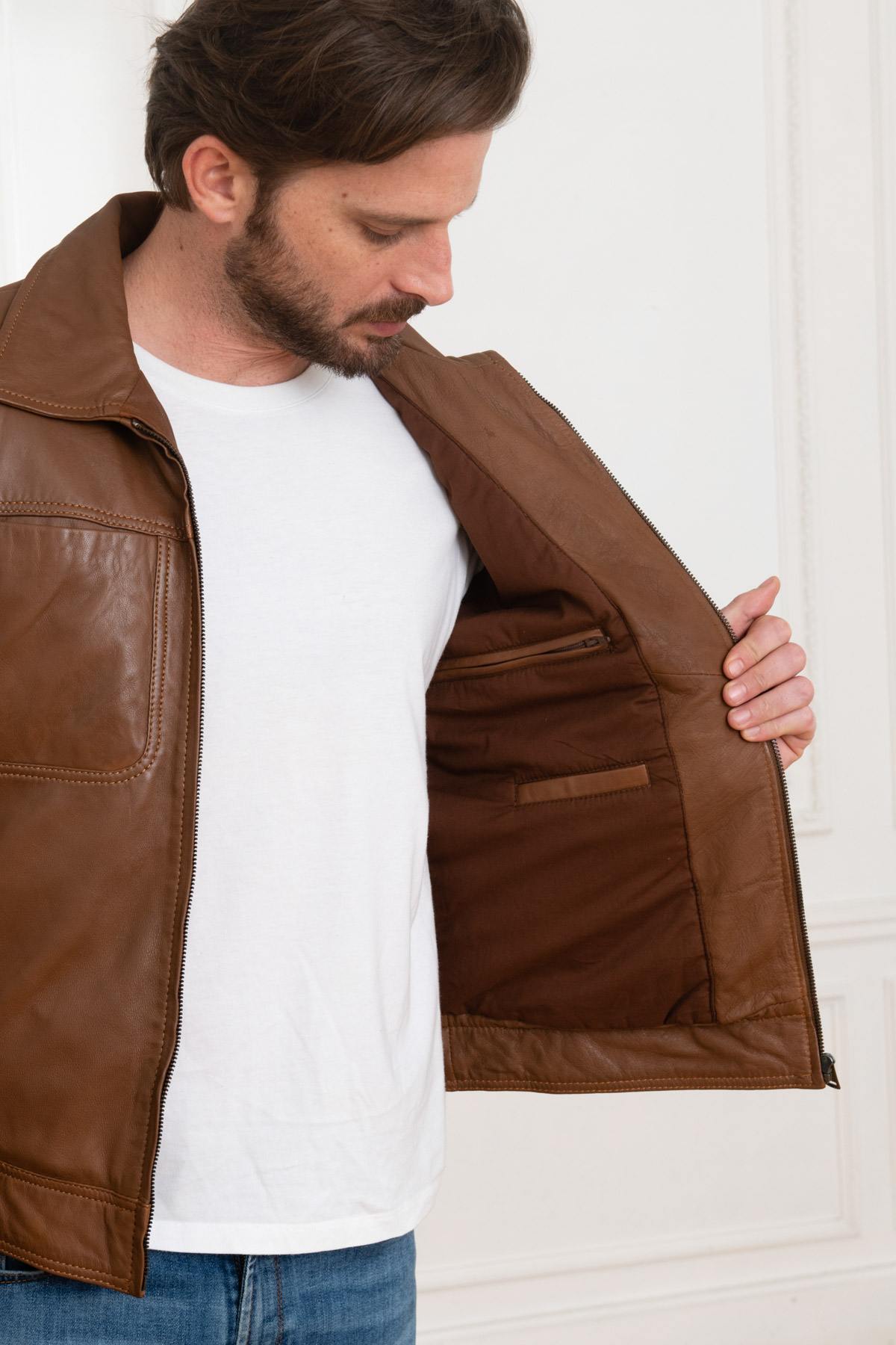 Cognac shirt collar jacket in soft leather - Image n°4