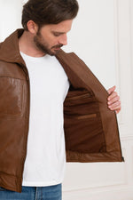 Cognac shirt collar jacket in soft leather - Image n°4