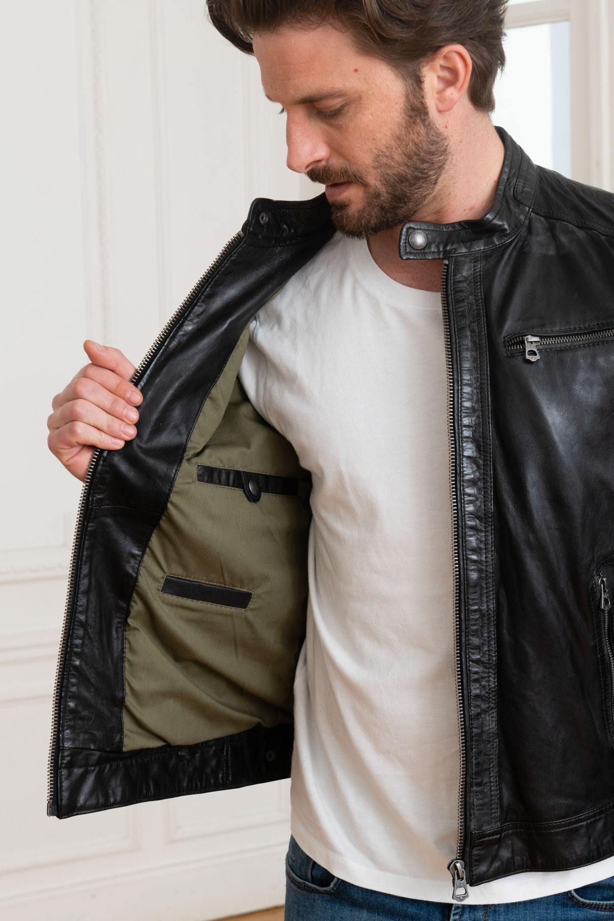 A black sheep leather jacket with a biker collar, timeless and sleek. - Image n°5