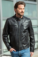 A black sheep leather jacket with a biker collar, timeless and sleek. - Image n°1