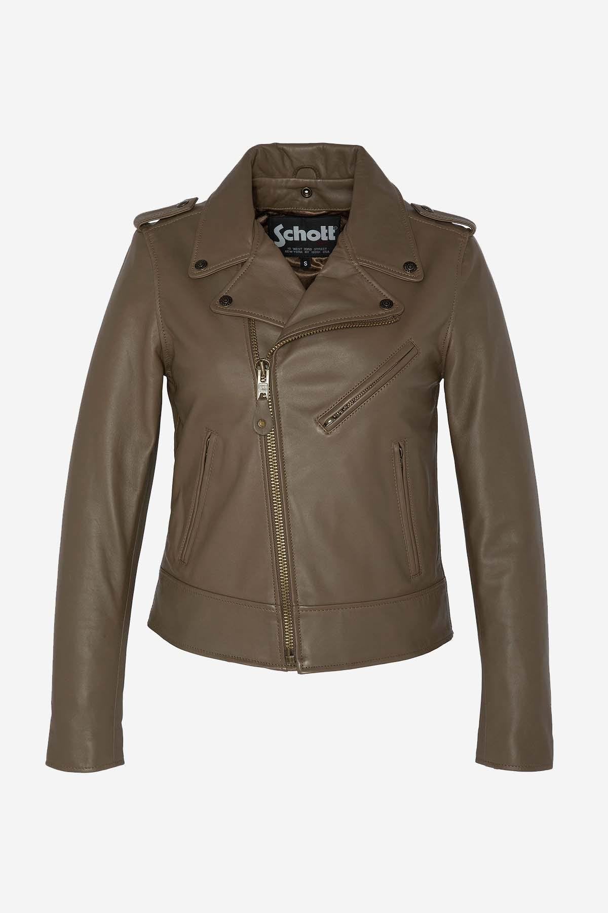 Schott's khaki lambskin Perfecto-slim, matte, and timeless for her. - Image n°5