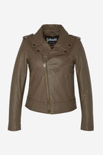 Schott's khaki lambskin Perfecto-slim, matte, and timeless for her. - Image n°5