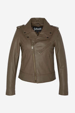 Schott's khaki lambskin Perfecto-slim, matte, and timeless for her. - Image n°5