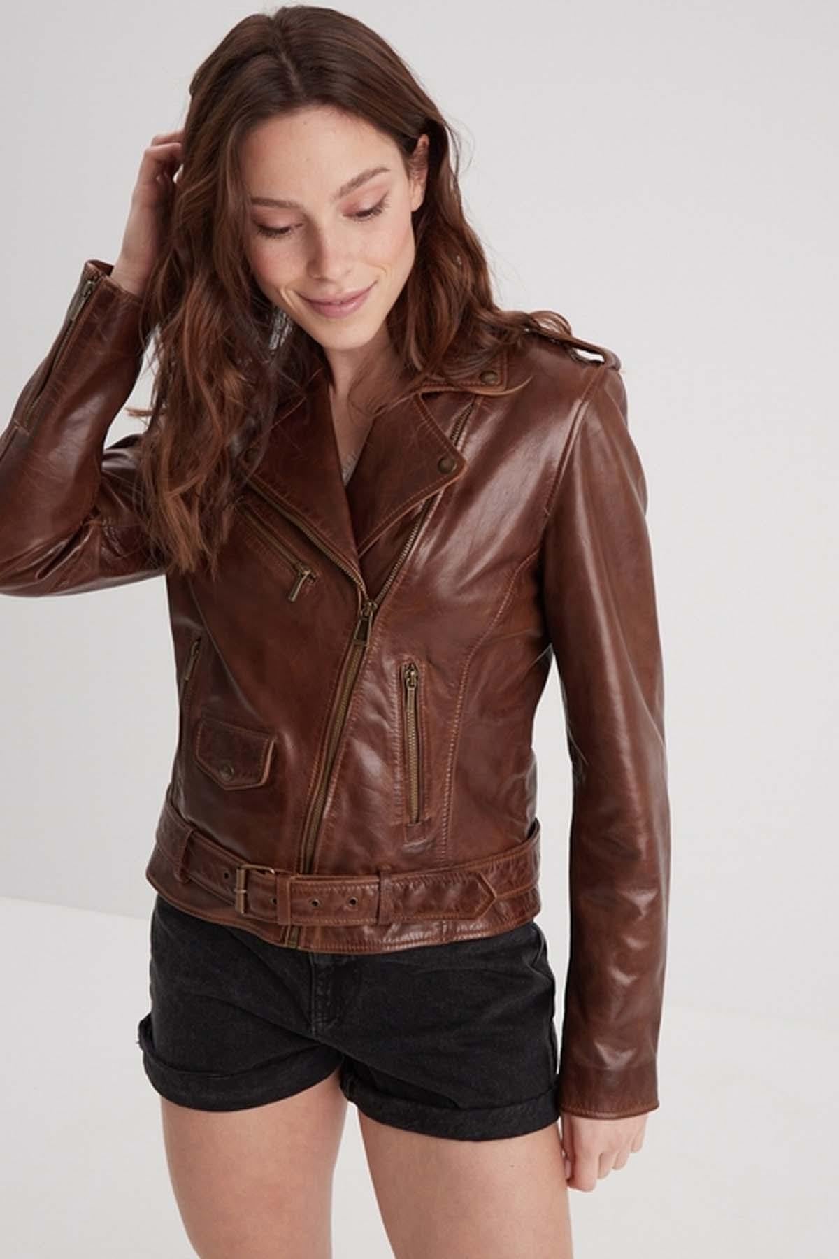 Aged bison lambskin biker jacket, vintage-styled with shoulder rivets - Image n°1