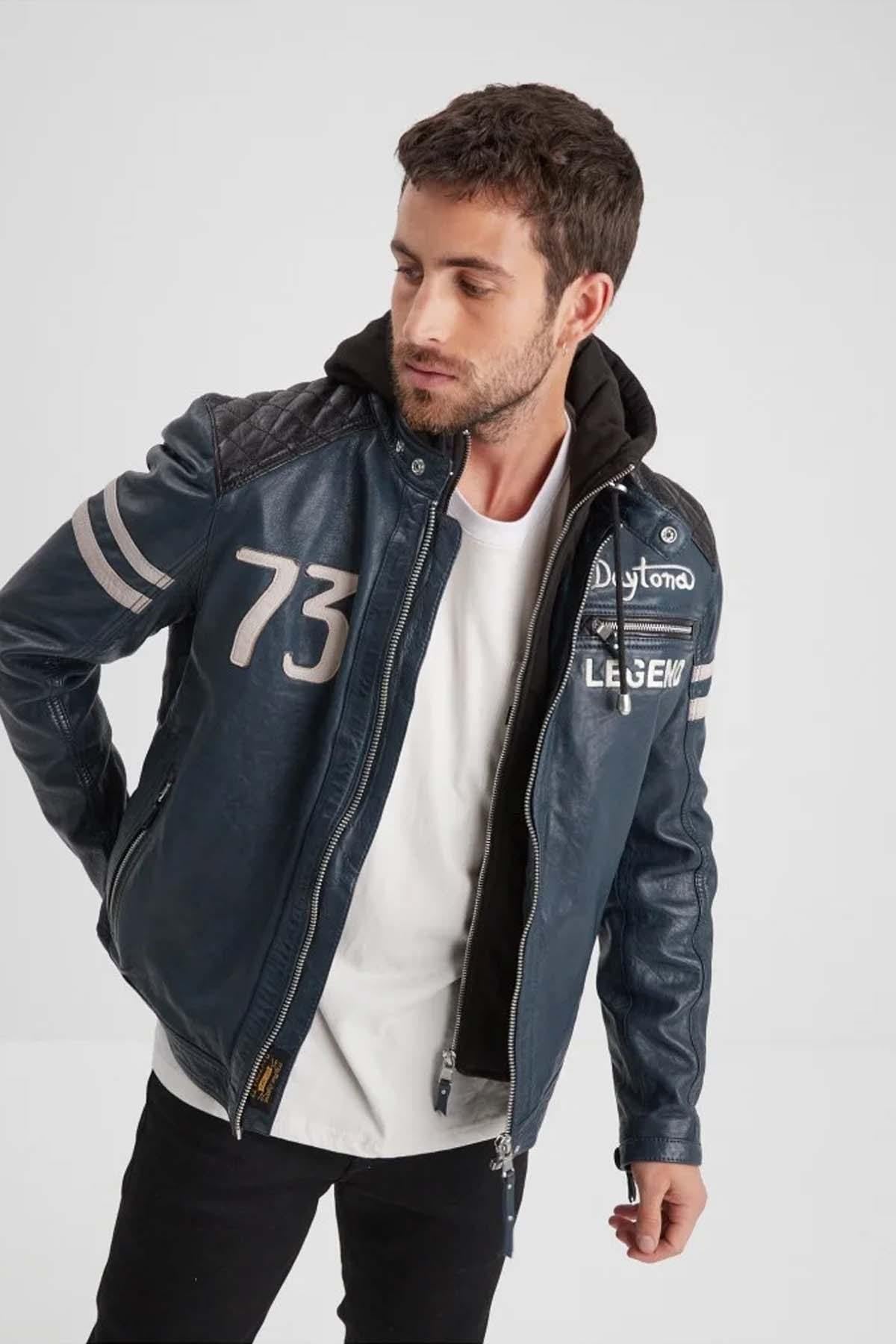 Deep blue lambskin jacket with detachable hood and moto collar. - Image n°1