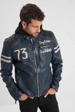 Deep blue lambskin jacket with detachable hood and moto collar. - Image n°2