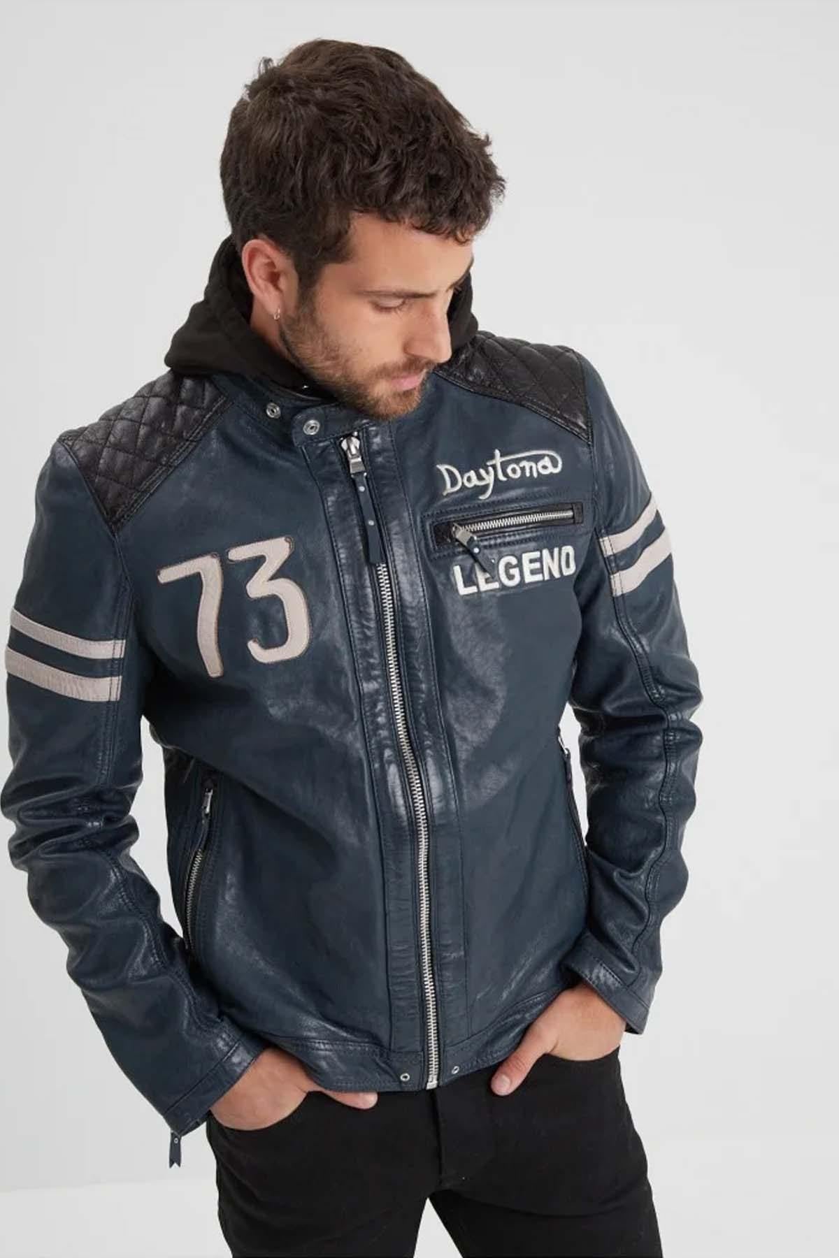 Deep blue lambskin jacket with detachable hood and moto collar. - Image n°2