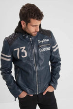 Deep blue lambskin jacket with detachable hood and moto collar. - Image n°2