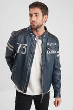 Deep blue lambskin jacket with detachable hood and moto collar. - Image n°4