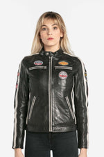 Black lambskin jacket with a glossy finish and slim moto cut. - Image n°1