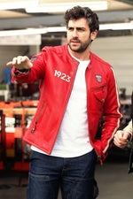 Red sheepskin jacket with a motorsport edge-sleek, regular fit. - Image n°1