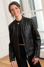 Women’s black leather jacket with biker collar - Image n°1