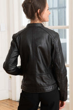 Women’s black leather jacket with biker collar - Image n°3
