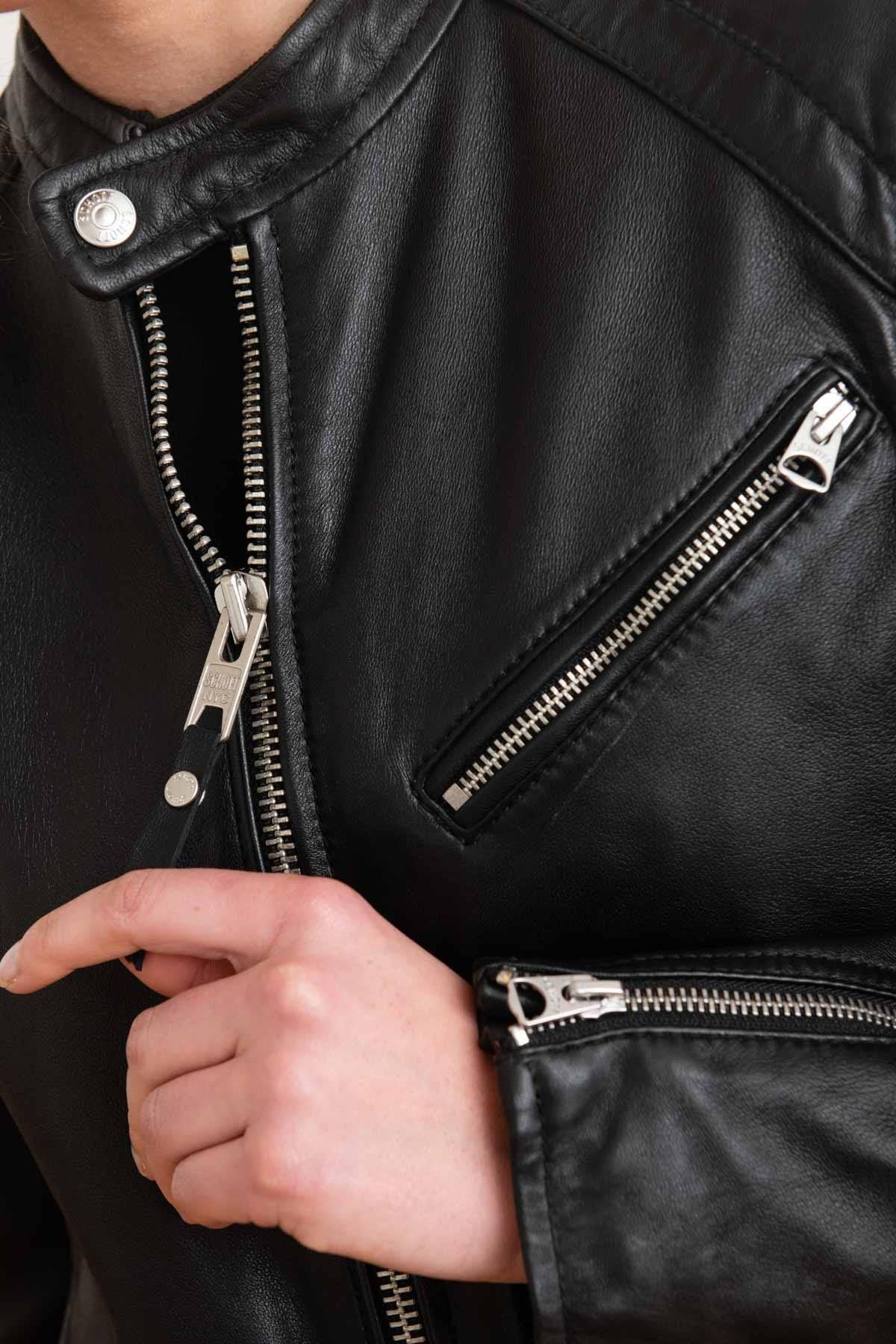 Women’s black leather jacket with biker collar - Image n°7