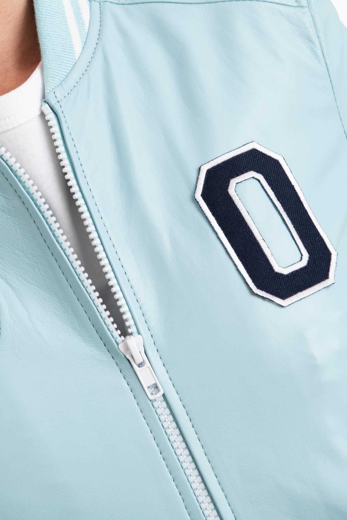Slim-fit lambskin jacket in sky blue. Striped cuffs for a sporty edge. - Image n°7