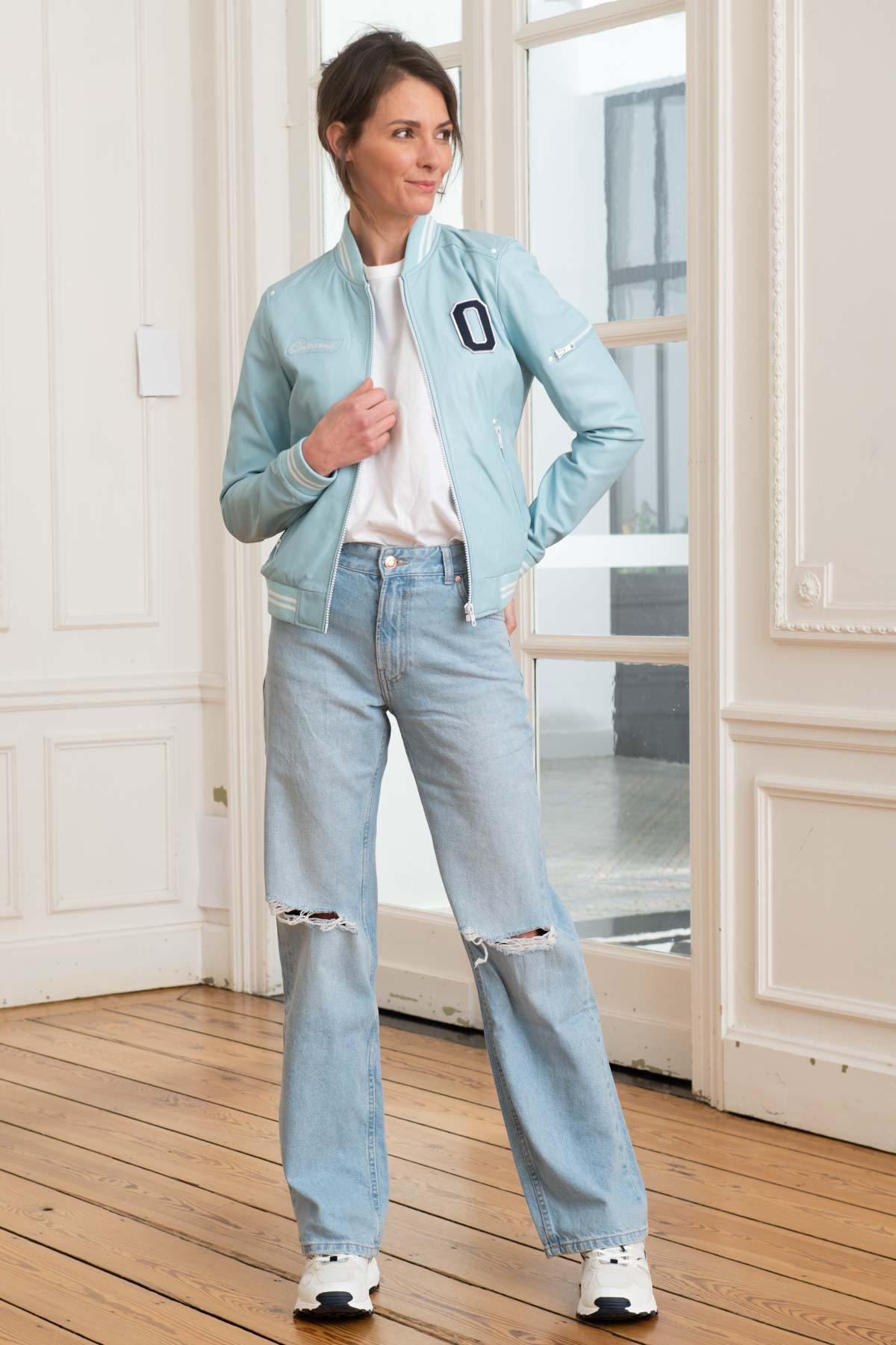 Slim-fit lambskin jacket in sky blue. Striped cuffs for a sporty edge. - Image n°2